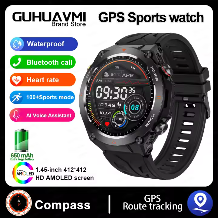 Reloj inteligente con GPS para hombre y mujer, pulsera con pantalla Ultra HD de 1.45 pulgadas, brújula integrada con GPS y, para hacer/recibir llamadas telefónicas, batería de 650 mAh, 2025 - 1
