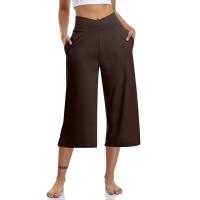 2024 primavera y verano mujeres elástico cintura alta 3/4 pantalón sólido Casual ajuste activo pantalones de pierna Capris anchos pantalones con bolsillos - details 1