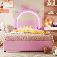Cama tapizada, 90 x 200 cm, sin colchón, con tira de luz, cama con 2 cajones, forma unicornio, PU, rosa - details 1