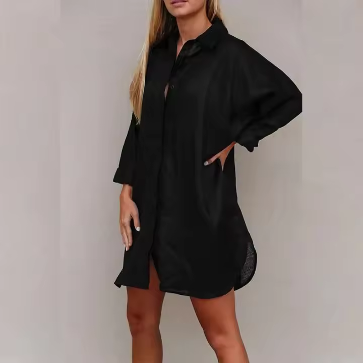 Para Praia blanco nuevo verano camisa de murciélago largo de algodón traje de baño cubierta Ups 2024 Sexy playa Polka Maxi vestido mujeres Bikini ropa de playa - 1