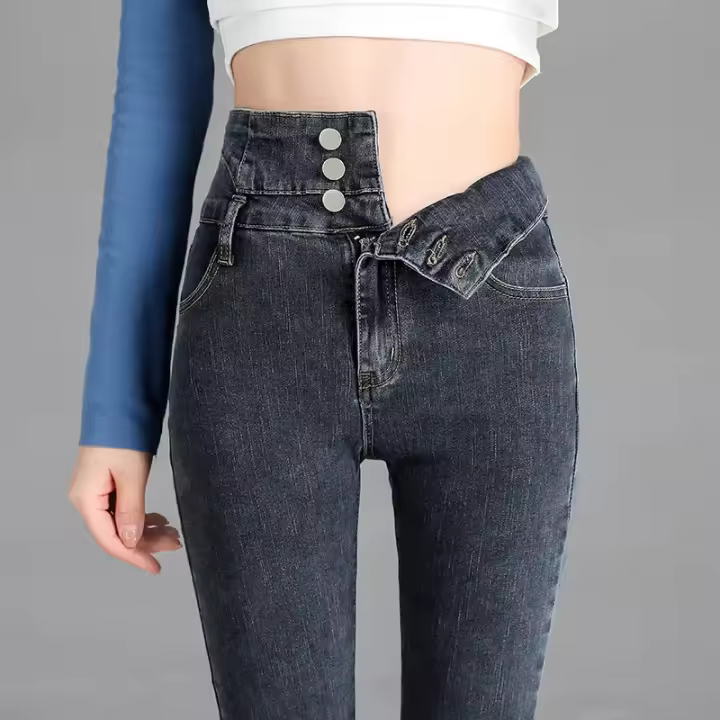 Pantalones lápiz de moda elásticos de cintura alta con estilo para mujer con botón - 1
