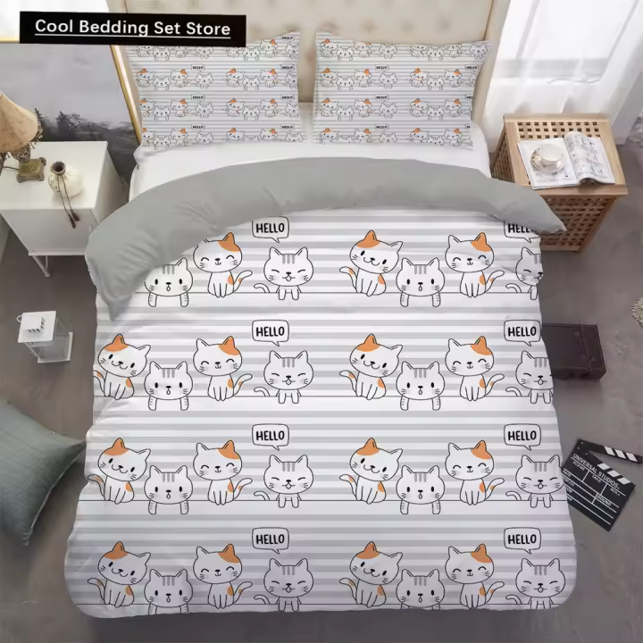 Jaleco de Gato Lindo de Dibujos Animados Funda de Edredón de Poliéster para Ropa de Cama - 1