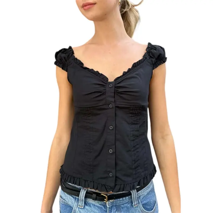 Camisetas Estéticas Vintage para Mujer Manga Corta, Cuello en V, Botones con Lazos - 1