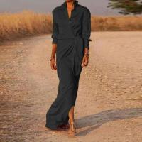 Casual Oficina solapa cuello en V Maxi primavera mujeres manga camisas sólidas vestido elegante señora encaje hasta Split vestidos largos delgados - details 4