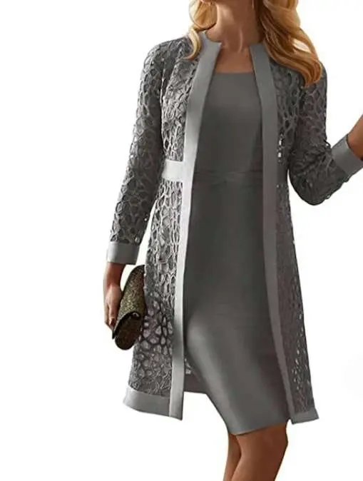 Conjunto de Vestido de Dos Piezas Ouwu Manga Larga, Longitud de Rodilla, Color Sólido, Cardigan de Encaje Perfecto para Oficina y Fiesta - 1