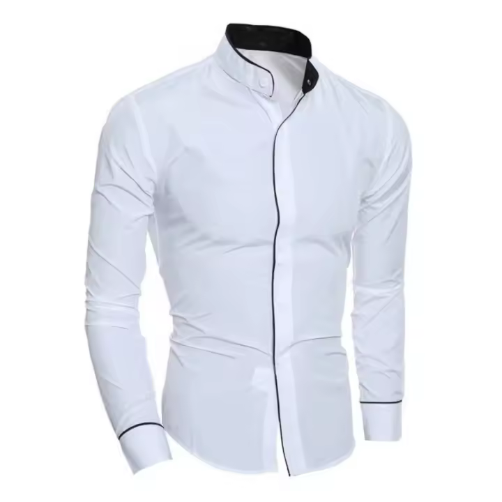 Camisa de color sólido de manga larga para hombre de primavera y otoño, camisa ajustada de moda con botones cómoda y cuello alto - 1