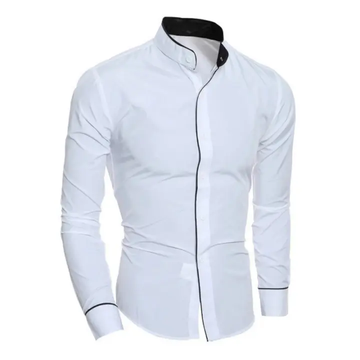 Camisa de color sólido de manga larga para hombre de primavera y otoño, camisa ajustada de moda con botones cómoda y cuello alto - 1