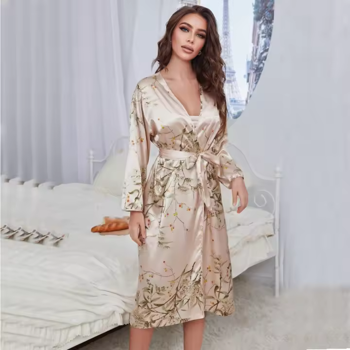 Elegante camisón de seda de imitación para mujer, vestido de noche de media manga con lazos. - 1