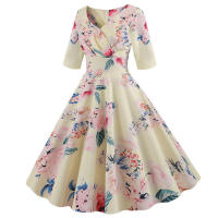 Women floral print casual half sleeve elegant vintage party dress - details 3