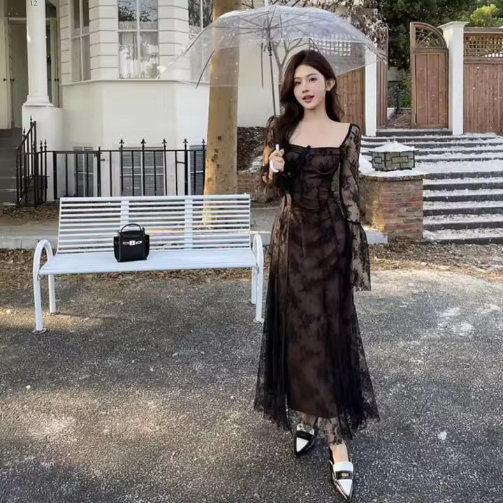 Vestido de Encaje con Colgante de Pecho Nuevo Vestido de Otoño de Estilo Literario y Retro para Mujer - 1