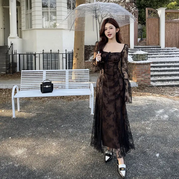 Vestido de Encaje con Colgante de Pecho Nuevo Vestido de Otoño de Estilo Literario y Retro para Mujer - 1