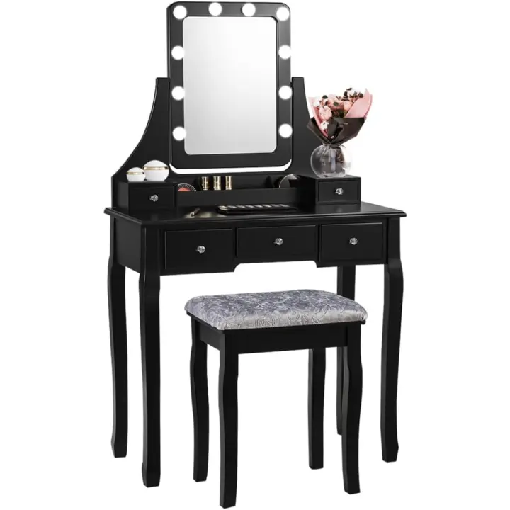 Tocador de maquillaje con luz y taburete y 5 cajones, mesa de maquillaje con espejo giratorio de 360° ° y 10 Bombillas LED, Mesa Tocador, Tocadores Modernos de Cosméticos para Dormitorio - 1