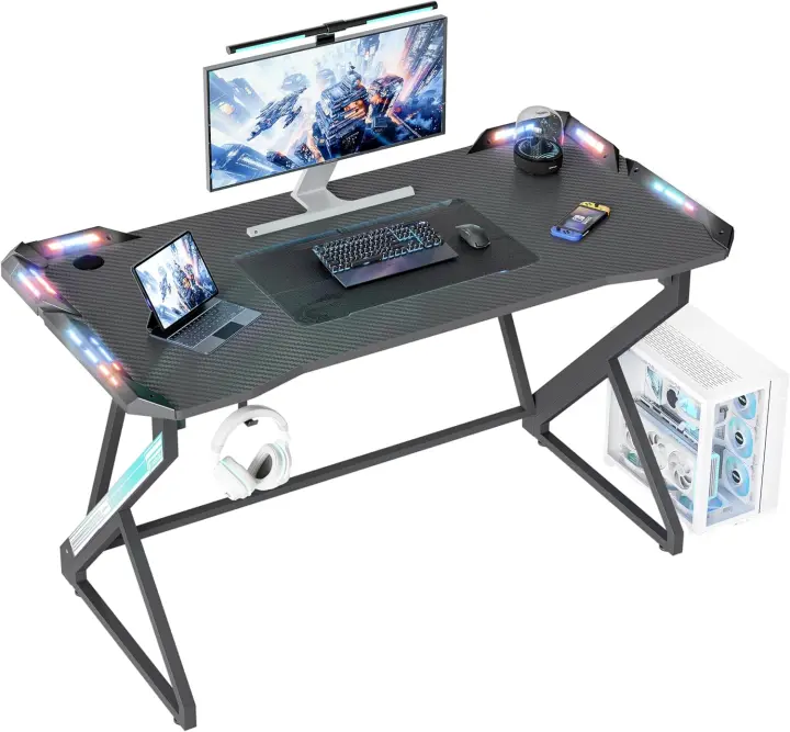 Gaming con LED - 100x60cm Mesa de Ordenador Esport Ergonómico, Marco Z Fibra de Carbono Estable Fácil de Montar, Gancho Auriculares para Juegos Estudiar Trabajar - 1