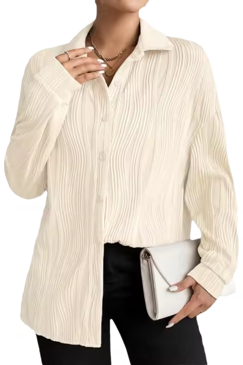 Elrachen Camisa de mujer con cuello vuelto y botones con textura sólida color albaricoque, albaricoque, tallas S-2XL - 1