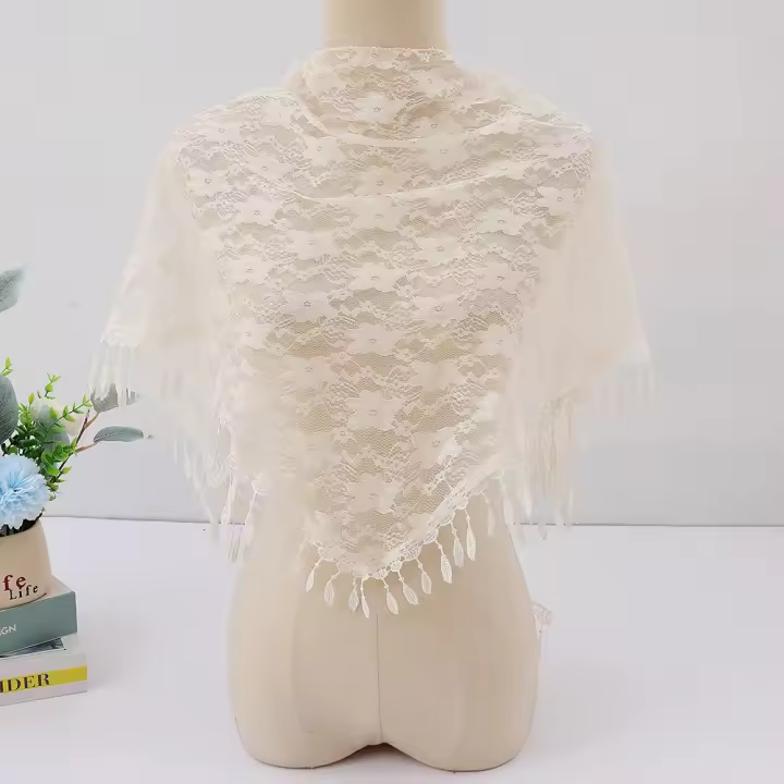 Bufanda Hijab larga de encaje para primavera, pañuelo para la cabeza con borlas, chal triangular Floral, chal Retro ligero ahuecado con flores para mujer - 1