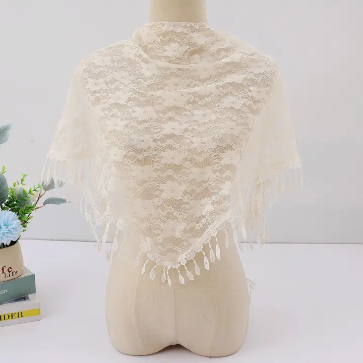 Bufanda Hijab larga de encaje para primavera, pañuelo para la cabeza con borlas, chal triangular Floral, chal Retro ligero ahuecado con flores para mujer - 1