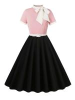 Vestido de Parche de Dos Tonos Vintage con Cuello de Lazo Manga Corta de Verano - details 16