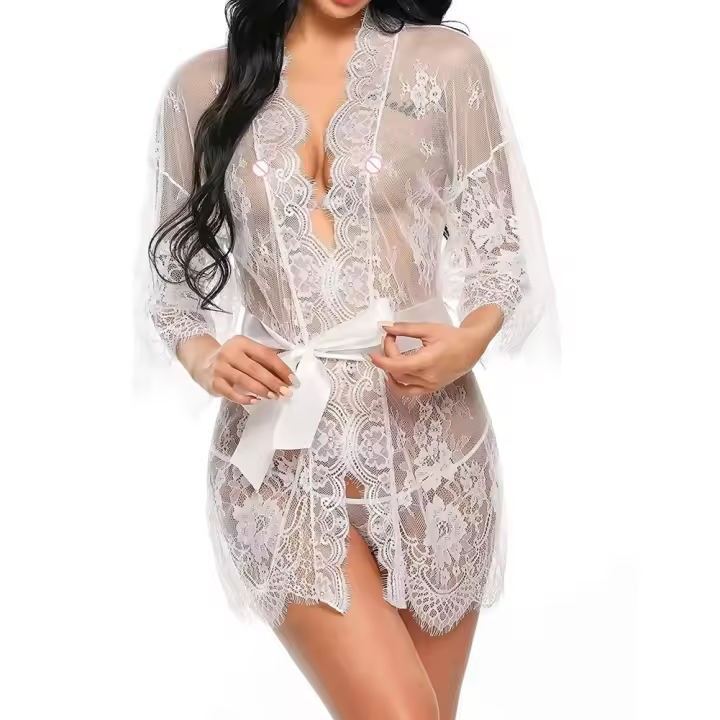 Ropa de dormir erótica transparente con cuello en V, lencería para mujer, Babydoll, disfraz de Tanga, bata tipo kimono, ropa de dormir de encaje, vestido Sexy - 1