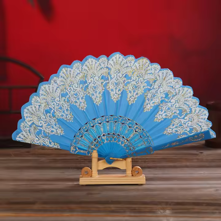 Regalos, artesanía en polvo dorado, estilo chino, estampado en caliente, flor plegable, encaje, abanico plegable de seda, abanico de baile, herramienta de utilería para fotos, abanico de mano - 1