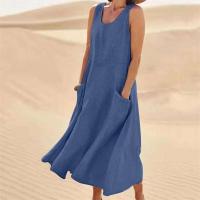 Vestido sin tirantes de lino y algodón para mujer, vestidos de colores lisos con bolsillos laterales dobles, vestido informal de verano - details 11