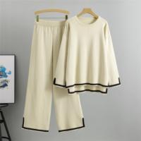 Traje tejido para mujer 2 Conjunto de ropa de mujer de Color sólido de manga larga，Traje de cuello redondo y pantalones sueltos - details 5