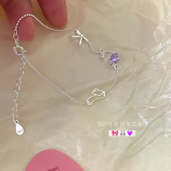 Pulsera de plata de ley con lazo de conejo para mujer, joyería exquisita de circonita con corazón púrpura fresco y dulce - 1