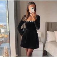 Minivestido negro de terciopelo con decoración de diamantes de imitación para mujer, elegante vestido de fiesta de noche con cuello cuadrado y manga larga y cintura alta - details 20