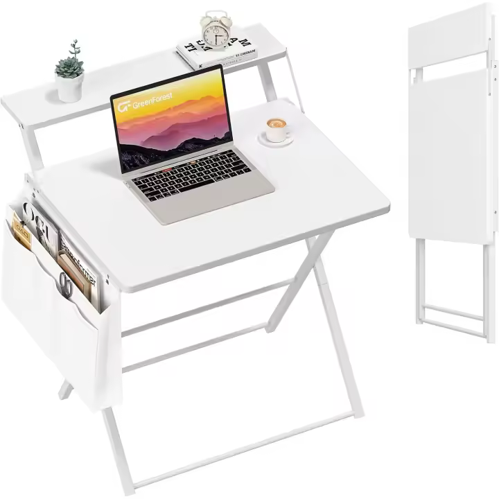 Monitor, Mesa de Oficina Pequeña de 80 cm con Gancho, Escritorio Moderno con Bolsa de Almacenamiento para Estudio, Blanco - 1