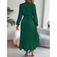 Elegante vestido corto de otoño invierno para mujer, con cuello alto, mangas plisadas y falda larga. - details 12