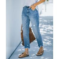 Vaqueros rasgados de cintura alta para mujer Pantalones vaqueros de estilo japonés azul claro - details 3