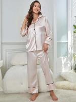 Ropa de dormir de satén de seda, pantalones con cuello ranurado, conjunto de camisón de 2 piezas, Tre y otra ropa informal para mujer - details 10