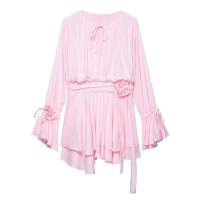 Vestido línea A con mangas largas estilo trompeta dulce PB&ZA2025, decoración floral tridimensional, para mujer, ideal para días festivos. - details 1