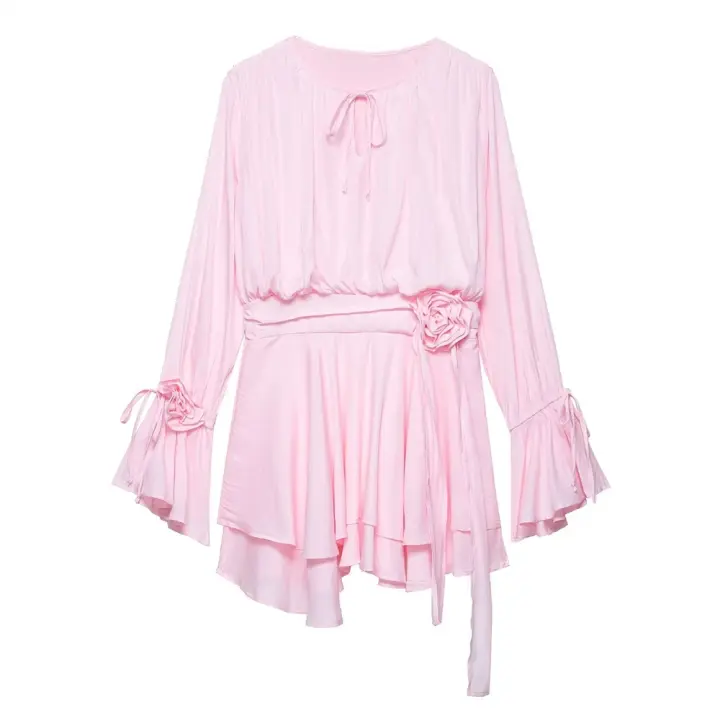Vestido línea A con mangas largas estilo trompeta dulce PB&ZA2025, decoración floral tridimensional, para mujer, ideal para días festivos. - 1
