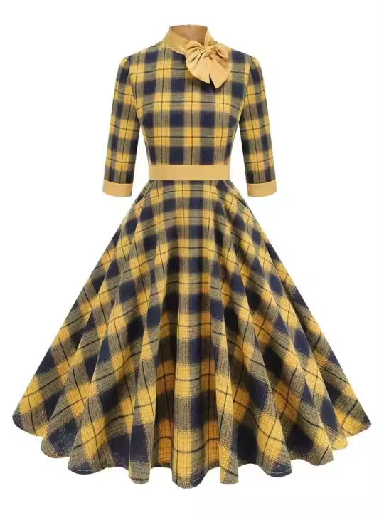 2025 nuevo Retro cuello falso Bowknot Plaid Vintage 1950s mujeres 3/4 manga larga Otoño Invierno elegante bolsillos Midi vestidos - 1