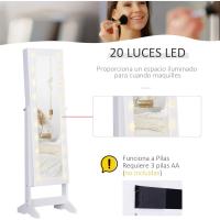 Joyero con 20 Luces LED Armario Joyero Reclinable con Guardajoyas Anillos Pendientes Collares Cerradura y Llaves 40x37x146 cm Blanco - details 3