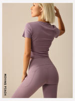Camiseta deportiva de manga corta para mujer, Top ligero de Yoga, detalle envolvente frontal, suave y transpirable, BTM - details 6