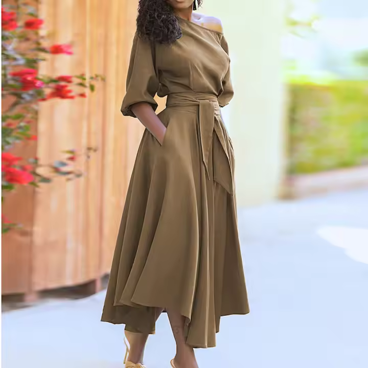 2025 primavera ropa de mujer europea y americana cinturón de cintura temperamento vestido de hombro inclinado - 1