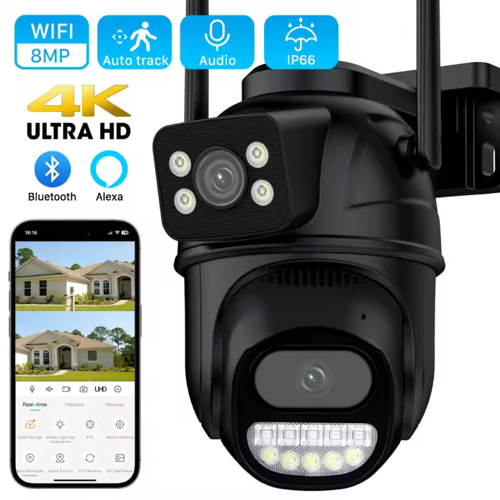 Cámara IP PTZ de doble lente, 8MP, 4K, pantalla Dual, 4MP, IA, detección humana, seguimiento automático, inalámbrica, vigilancia al aire libre, iCSee - 1