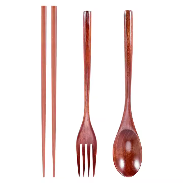 Juego de cubiertos de madera portátil, utensilios reutilizables, respetuosos con el medio ambiente, cuchara, tenedor, palillos para acampar, oficina y almuerzo - 1