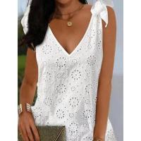 Vestidos elegantes con cuello en V, bordados con ojales, detalle atado, sin mangas, mini vestido recto, moda de vacaciones, vestido de verano - details 2