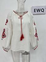 EWQ Estilo Dulce mujeres pulóver camisas bordado Patchwork vendaje cuello pico manga linterna primavera novedad de verano blusa SN0452 - details 4