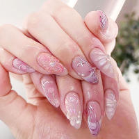24pcs Uñas Postizas De Almendra Con Diseño De Flores 3D Y Gradiente Morado Aurora Uñas Falsas Wearables Franch ABS Para Bodas - details 0
