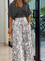 Women casual 2 pieces set elegant v neck short sleeve tops and print wide leg pants - details 3
