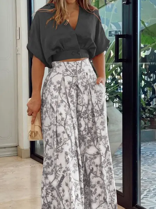 Conjunto Casual de Mujer 2025 Tops de Cuello Redondo y Pantalones Anchos con Estampado Moda de Moda - 1