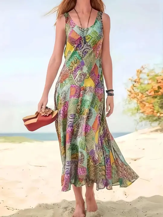 Caliente nueva camiseta sin mangas sin mangas falda estampada de verano bohemio playa al aire libre vestido de vacaciones grupo - 1
