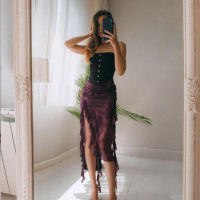 BUNO-Conjunto de 2 piezas de verano con diseño de gato extraño para mujer, Top con corsé de una sola botonadura + faldas de malla con borlas irregulares, ropa para discoteca de medianoche a juego para vacaciones - details 6