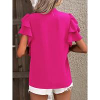 Jersey Elegante De Color Rojo Rosa Para Mujer, Blusa Informal Con Cuello En V Y Mangas Con Volantes De Doble Capa, Top De Color Sólido - details 21