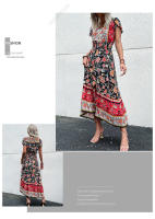 Vestido Boho Floral Vintage Manga Corta, Cuello en V, Vestido de Playa de Verano Bohemio - details 11