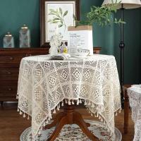 Mantel de crochet beige decorativo hueco, cubierta rectangular para mesa de comedor con borlas, decoración estética para salones de bodas - details 0