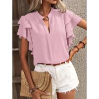 Jersey Elegante De Color Rojo Rosa Para Mujer, Blusa Informal Con Cuello En V Y Mangas Con Volantes De Doble Capa, Top De Color Sólido - details 9